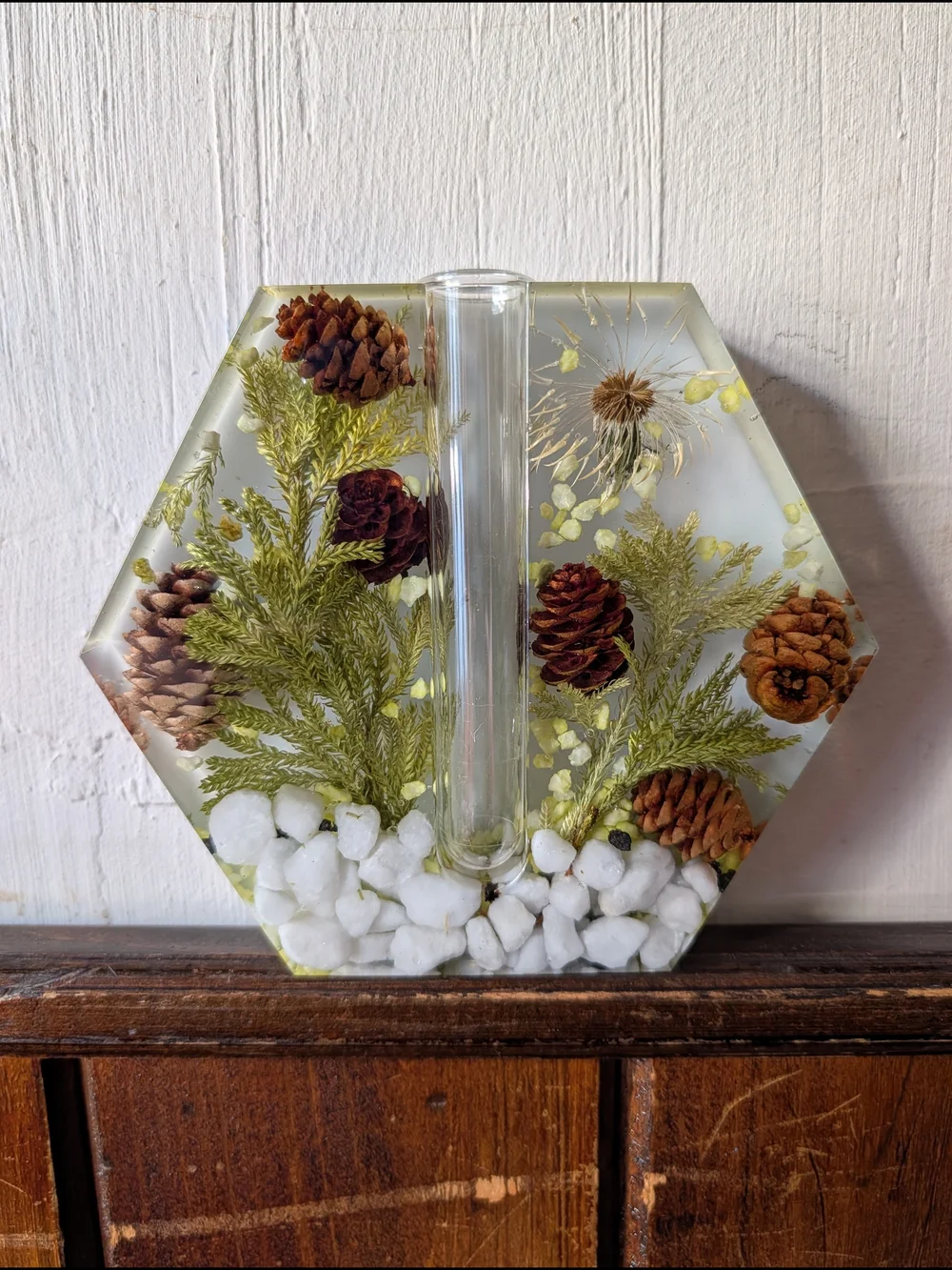 Hexagonal Resin Vase with Pinecone - Decorative Home Accent. Handmade.